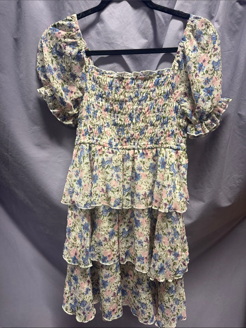 Floral Smocked Tiered Casual Dress - Cream with Blue & Pink Flowers